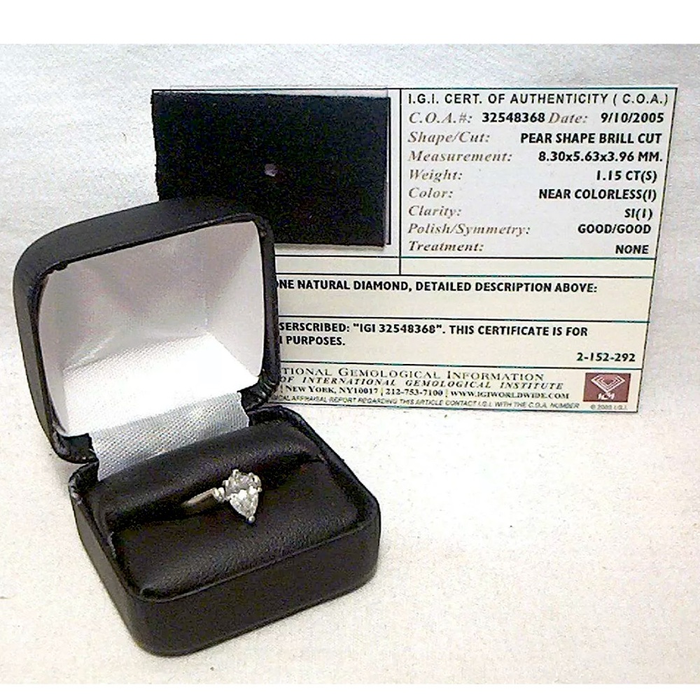 1.15 CT. REAL DIAMOND BRILLIANT PEAR 14K ENGAGEMENT RING SI(1) NEAR COLORLESS